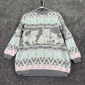 New Addition Maternity Sweater Womens Medium Gray Cat Knit Pullover Cute Pastel